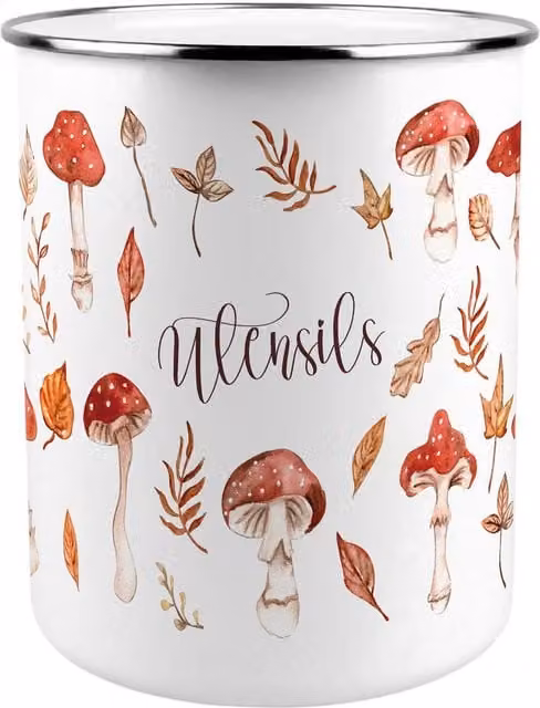 Purely Home Watercolour Mushrooms Kitchen Utensil Holder in Red and White Metal
