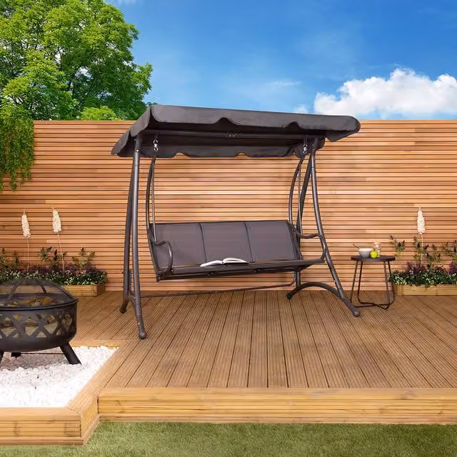 Charles Bentley 3 Seater Outdoor Swing Seat Bench with Sun Canopy in Grey – 1