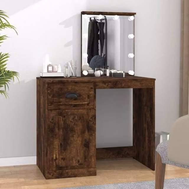 Berkfield Home Hollywood LED Dressing Table in Smoked Oak Brown, W/D/H: 90 x 50 x 132.5 cm – 1
