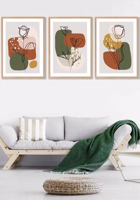 ARTZE Set of 3 Oak Framed Autumn Floral Line Art Wall Decor with Green and Yellow Boho Shapes, W: 45 cm, H: 62 cm, D: 2 cm