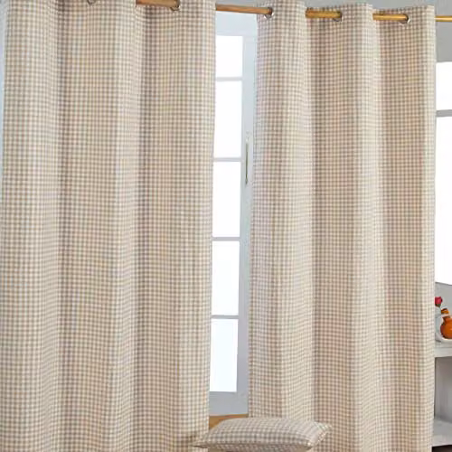 HOMESCAPES Beige Gingham Check Eyelet Curtain Pair, 100% Cotton, Width: 137 cm, Drop: 182 cm