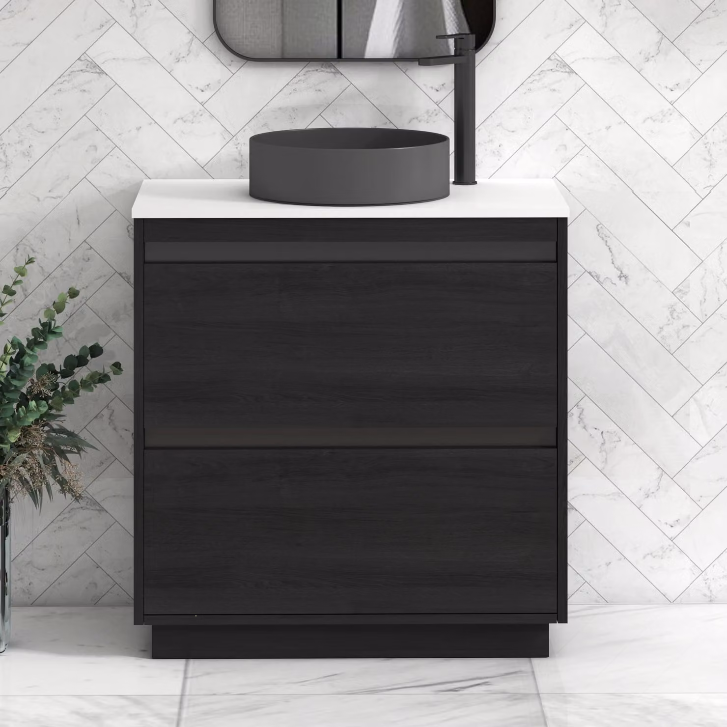 Royal Bathrooms Orion 800mm Hale Floor Standing Vanity Unit in White with Black Accent Trim and Art Round Basin