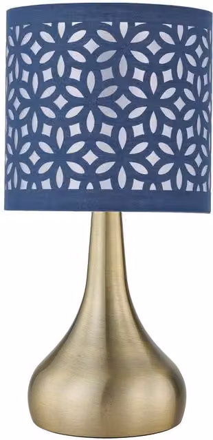 First Choice Lighting Romana Antique Brass Touch Table Lamp with Navy Blue Laser Cut Shade in Bronze