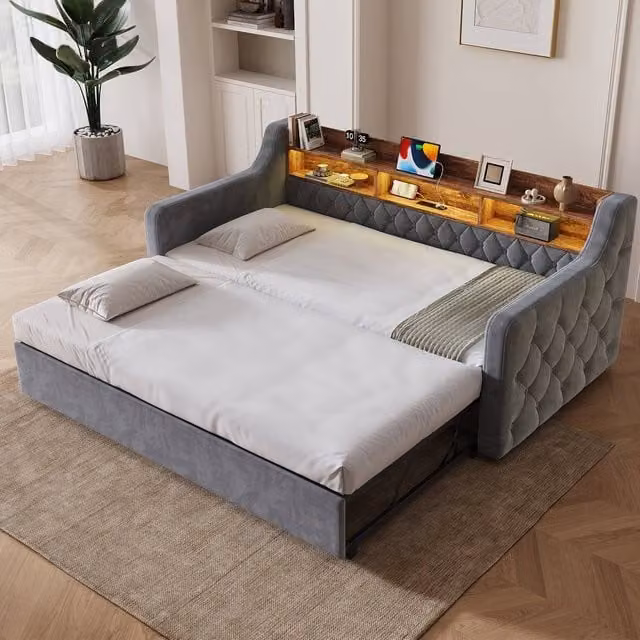BTM Single Pull-Out Velvet Sofa Bed with LED and USB-C Charging in Dark Grey – 1