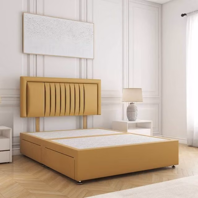 BSSPOKE Canes Divan Bed with 24 inch Plush Headboard and 2 Drawers, Mustard Yellow, Single, W/D/H: 90 x 200 x 60.96 cm