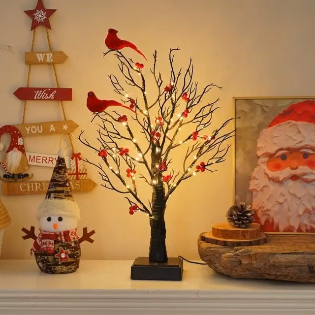 Smartbies Red Birch Twig Christmas Tree with 60 Warm LED Lights and Birds, USB or Battery Operated