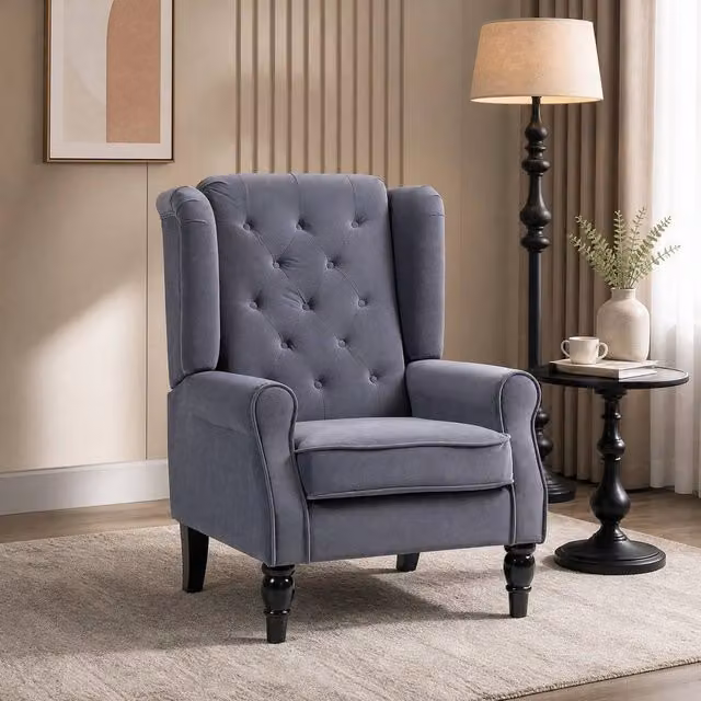 STILVORA Grey Velvet Wingback Chair with Solid Wood Frame