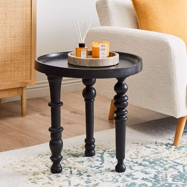 Wyld and Coco Black Mango Wood Round Side Table with Traditional Turned Legs, Diameter: 52 cm