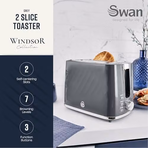 Swan Windsor 2 Slice Toaster in Grey with 7 Browning Levels and 900W Power – 2