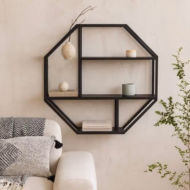 Wyld Haus El Paso Octagonal Wall Shelf with Matte Black Steel Frame and Black Wood