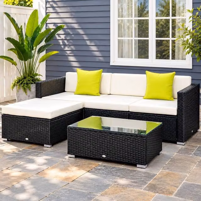 STILVORA Modern 4-Seater Modular Sofa in Black with Metal and Rattan Details