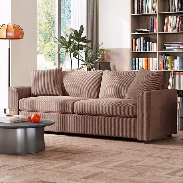 HOMCOM Modern Upholstered 3 Seater Sofa with Spring Cushions and Scatter Cushions in Brown