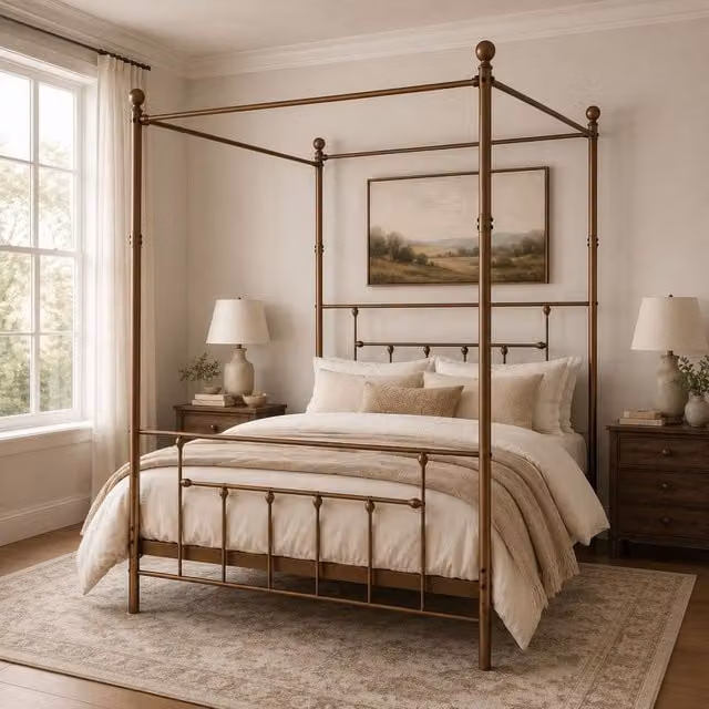 SquareBoxx Charlotte Double Four Poster Metal Bed Frame with Metal Slats in Gold, 140 x 200 cm – 1