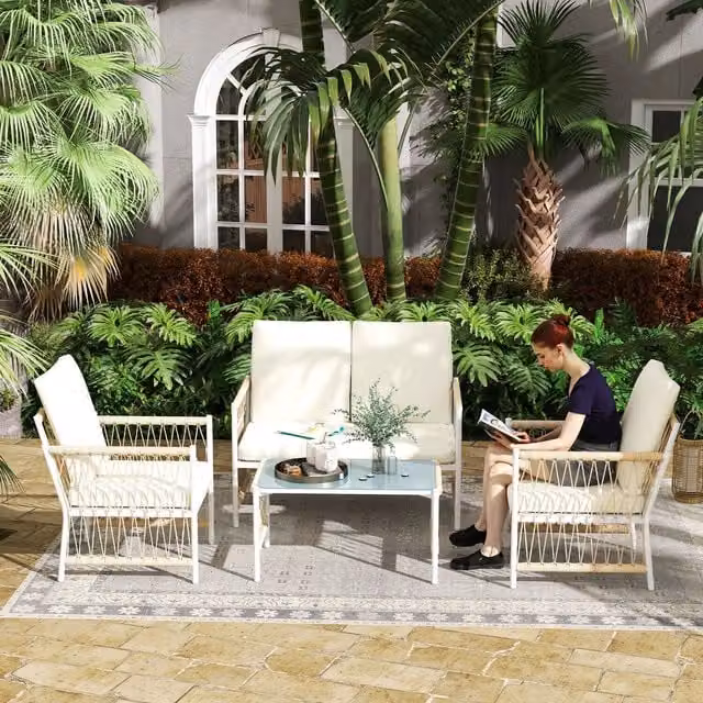 Outsunny 4 Piece Modern Rattan Garden Furniture Set with Cushions in Beige and Brown