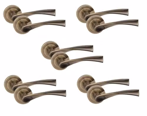 Golden Grace Astrid Design Door Handles, 5 Pairs, Antique Brass Finish