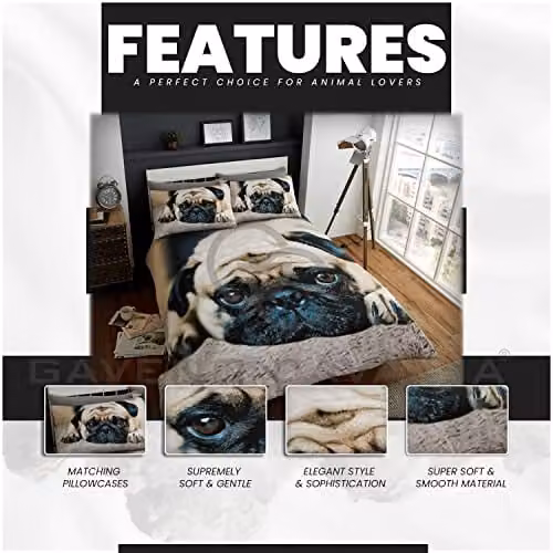 Gaveno Cavailia Wildlife 3D Sweet Pug Bed Set with Duvet Cover and Pillowcase, Multicolour, W: 180 cm, H: 200 cm – 2