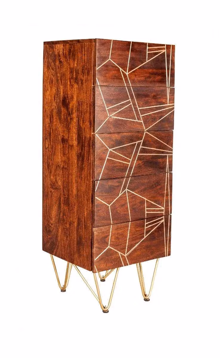 IH Design Deiondre Tall Chest of Drawers in Dark Mango and Brown with Gold Details – 2