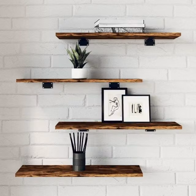 Berkfield Home Set of 4 Smoked Oak Wall Shelves in Brown, W: 60 cm, D: 20 cm, H: 1.5 cm – 1