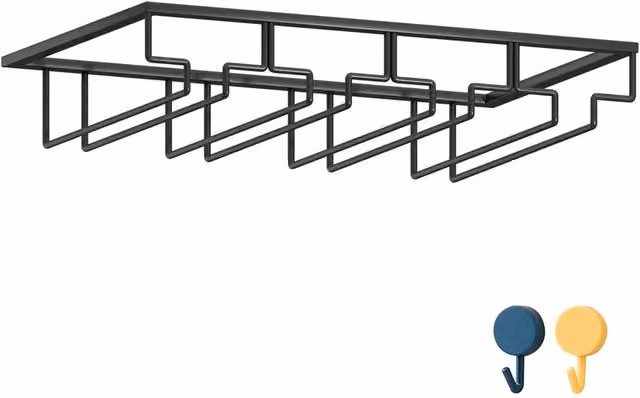 Ventryn Black Metal Under Cabinet Wine Glass Hanger Holder, Size M