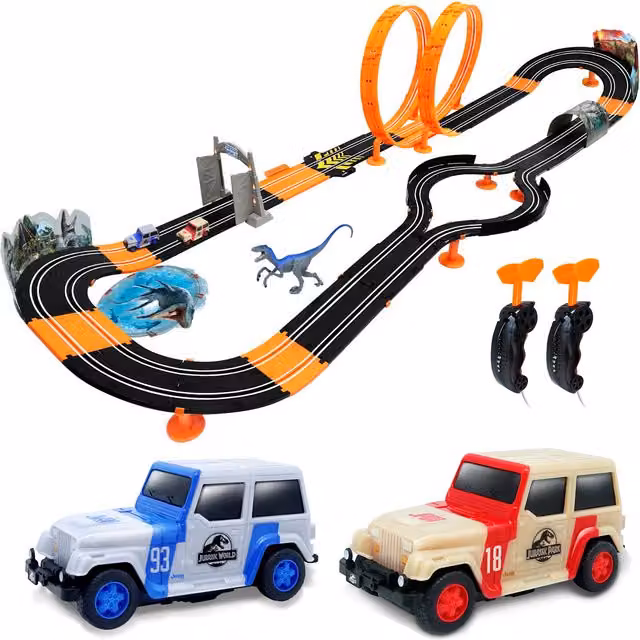 Relsy Jurassic World Electric Car Race Track Slot Racing Set, 5.9m, Black and Multicolour
