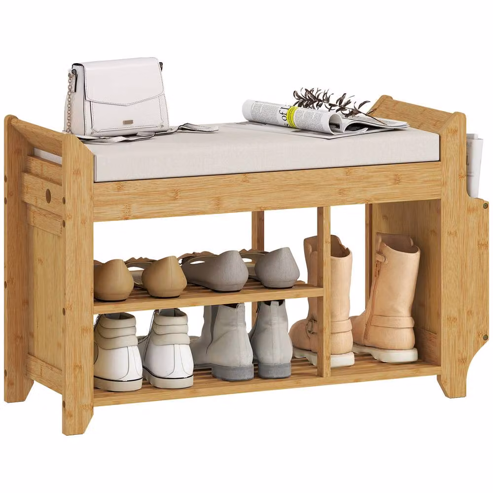 STILVORA Scandinavian Style Shoe Storage Bench in Sand Beige with Bamboo and Wood Construction – 2