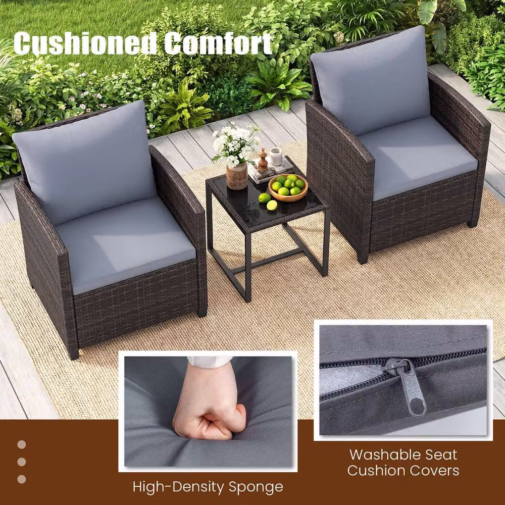 Costway 3-Piece Grey PE Rattan Outdoor Bistro Set with Upholstered Cushions and Coffee Table – 5