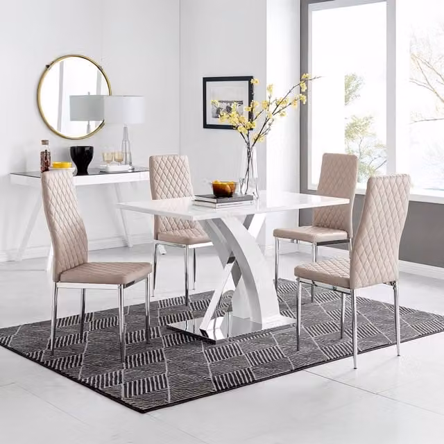 FurnitureboxUK Atlanta White High Gloss Rectangular Dining Table with X-Shaped Legs and 4 Beige Faux Leather Milan Dining Chairs Set – 1