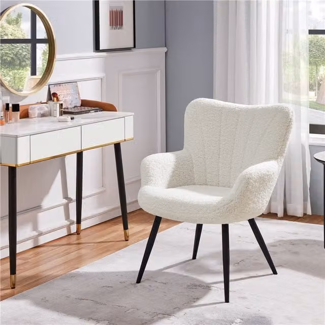 Yaheetech Mid-Century Modern White Bouclé Fabric Upholstered Tub Armchair