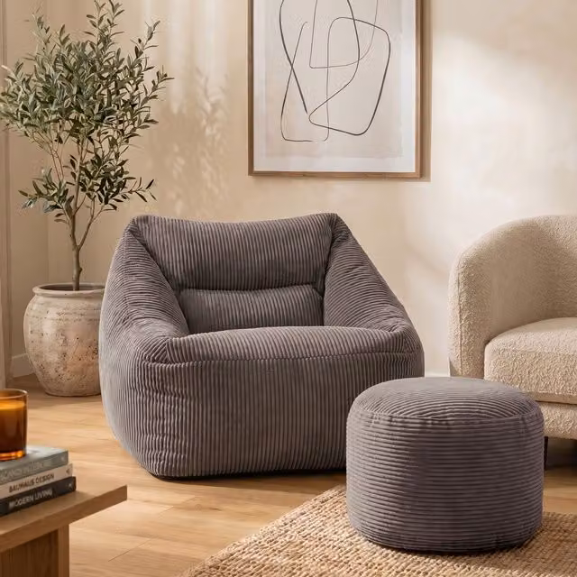 ICON Corduroy Bean Bag Armchair with Round Footstool in Charcoal Grey – 2