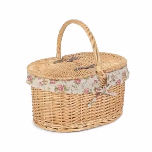 Red Hamper Brown Willow Double Lidded Oval Picnic Basket with Garden Rose Lining