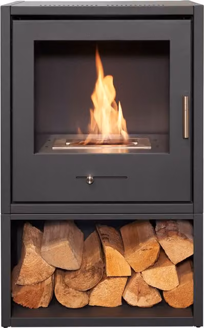 OKO S3 Bio Ethanol Stove with Log Storage in Charcoal Grey