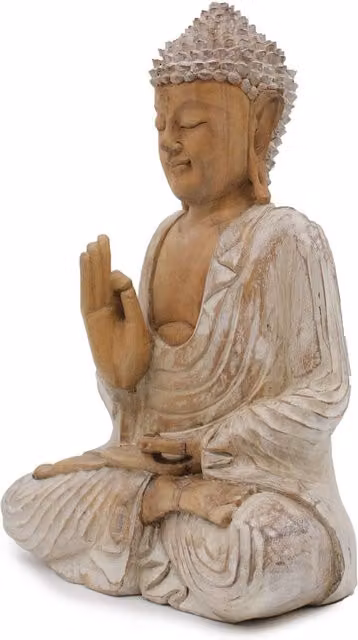 KDMK Handcrafted Ethnic Buddha Statue in White and Brown Wood for Tabletop Display