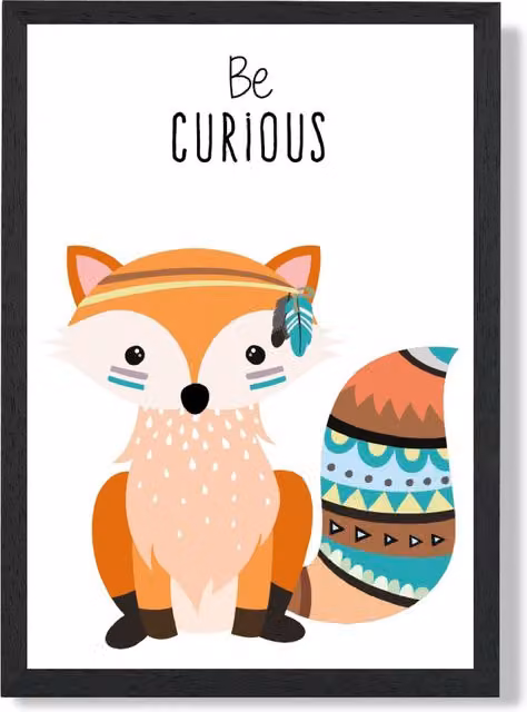 ARTZE Be Curious Fox Tribal Animal Quote Framed Print, Orange and Black, A2 – 1