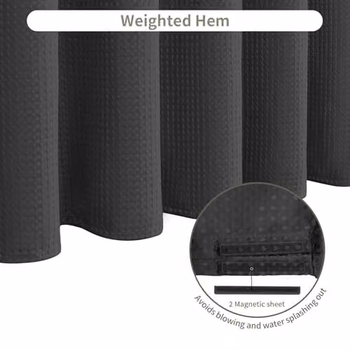 Inhousolu Black Waffle Weave Fabric Shower Curtain with Weighted Hem and Metal Hooks, W 183 x L 183 cm – 5