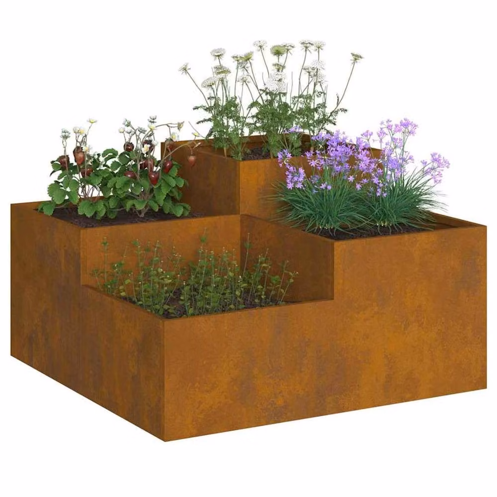Berkfield Home Steel Garden Planter Tub in Brown and Multicolour, W/D/H: 100 x 100 x 48 cm – 2