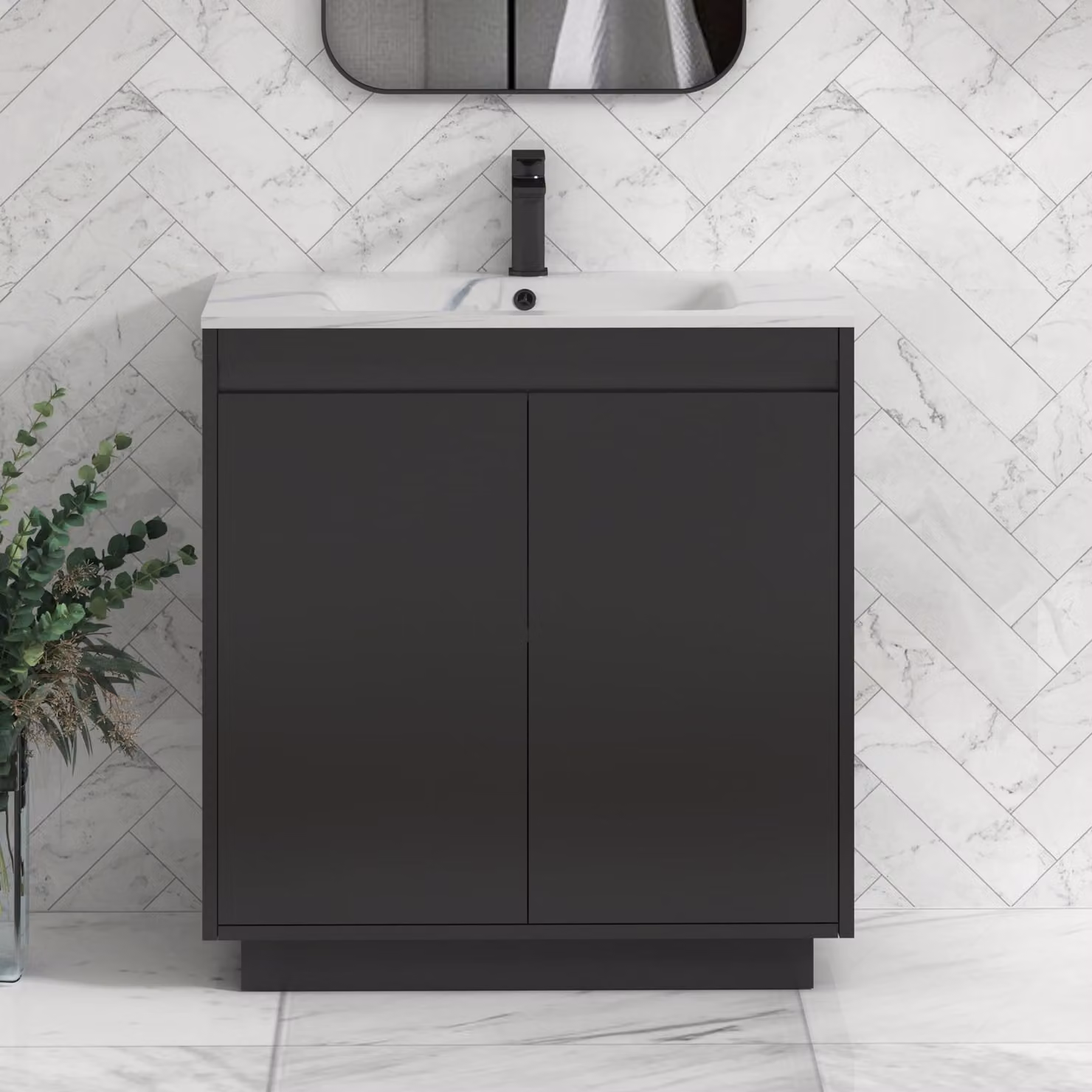 Royal Bathrooms Orion 800mm Floor Standing 2 Door Vanity Unit in Matt Obsidian Black with Carrara White Basin and Black Accent Trim