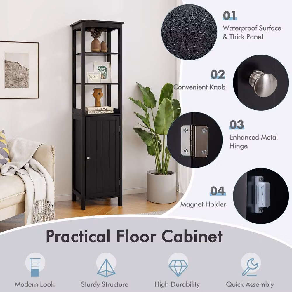 Gymax Modern Black Freestanding Bathroom Floor Cabinet with Adjustable Internal Shelves and Hinged Doors – 5
