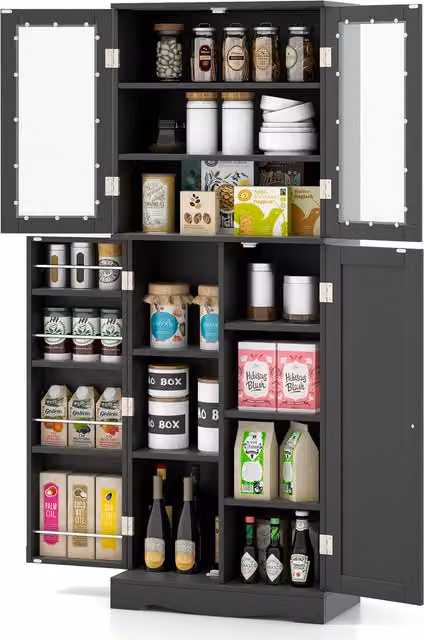 COSTWAY Modern Black Kitchen Pantry Storage Cabinet with Hinged Doors and Internal Shelves