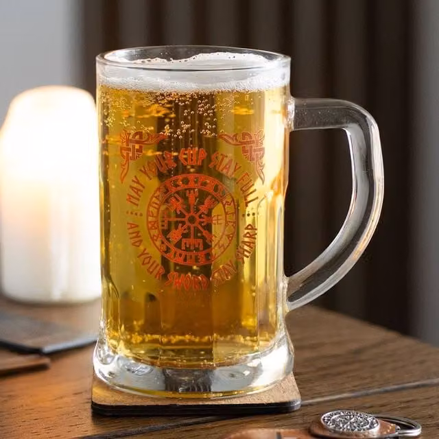 Uniqueful Viking Compass Glass Beer Tankard with Coaster, Clear, 550ml – 1