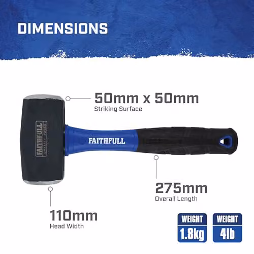 Faithfull 1.8kg Club Hammer with Forged Steel Head and Fibreglass Handle in Black and Blue – 2