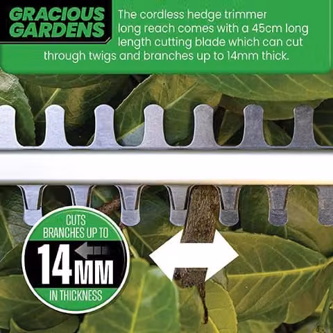 Gracious Gardens 18V Long Reach Cordless Reciprocating Hedge Trimmer in Grey and Green with 2 Rechargeable Batteries and Quick Charger – 4