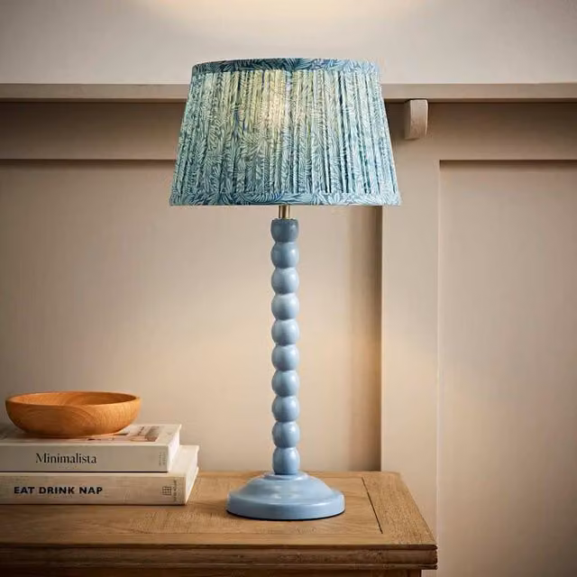 ValueLights Bobbins Pastel Table Lamp with Pleated Fabric Shade in Powder Blue and Wood