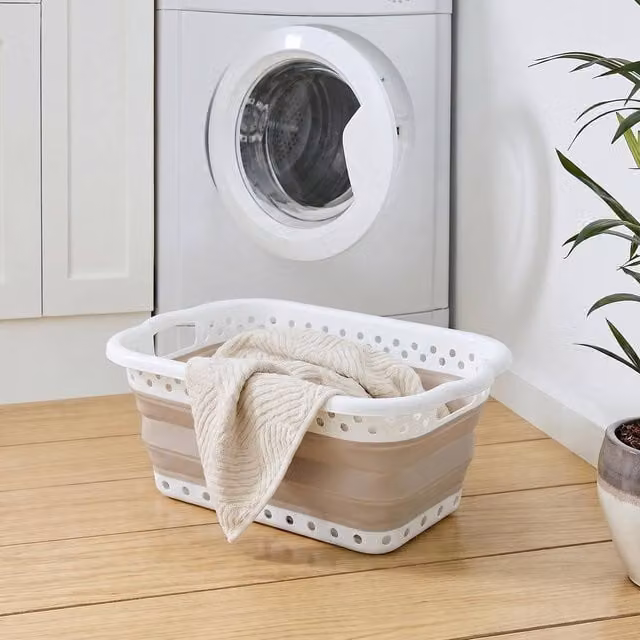 OHS Collapsible Plastic Laundry Basket in Beige and White – 1