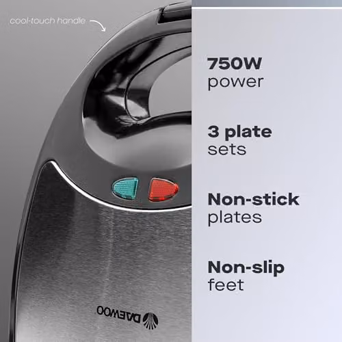 Daewoo 3-in-1 Panini Press, Sandwich and Crimp Maker with Removable Non-Stick Plates, 750W, Black – 2