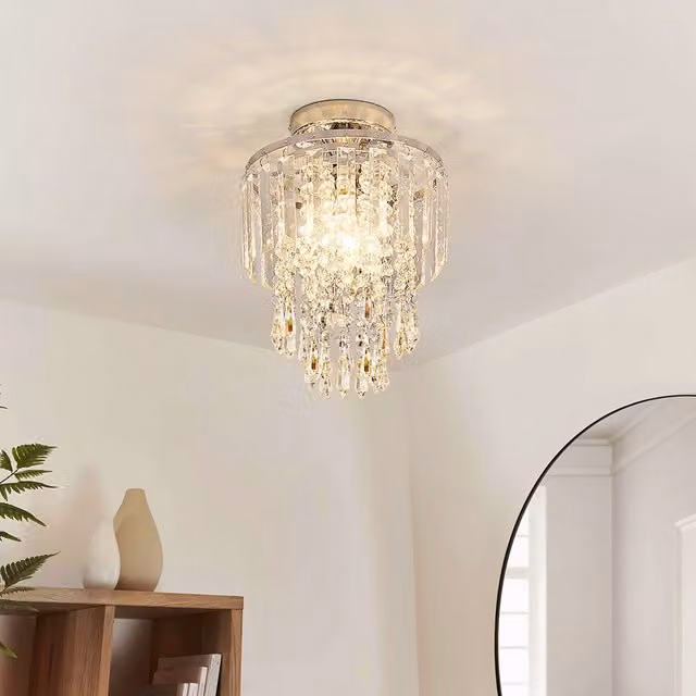 Livingandhome Crystal Mount Ceiling Light with Chrome Base in Blue and Transparent