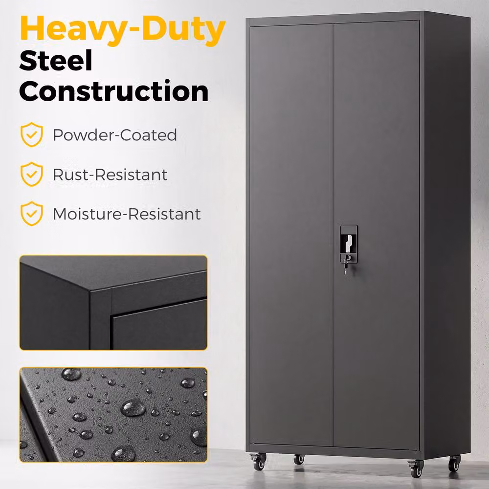 HOMCOM Industrial Metal Storage Cabinet with Hinged Doors and Internal Shelves in Matt Black – 4