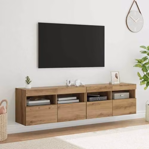 vidaXL Set of 2 Modern Wall-Mounted TV Cabinets in Brown Oak with Integrated Lighting and Internal Shelves – 2