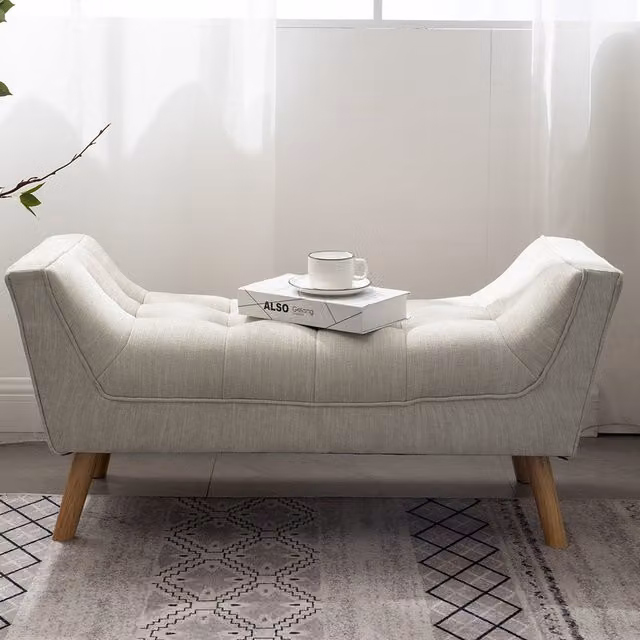 Livingandhome Mid-Century Straight Fabric Bench with Beech Wood Legs in Beige and Brown