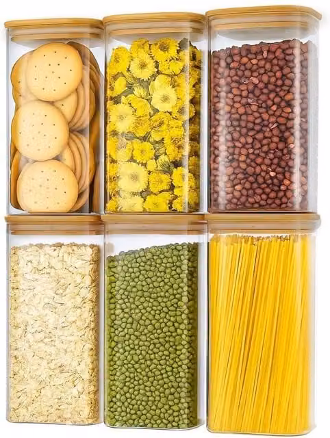 Pawnora Set of 6 Airtight Glass Storage Jars with Bamboo Lids, 1600ml, Clear