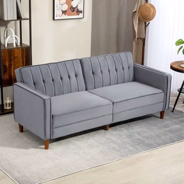 HOMCOM Convertible Click-Clack Futon Sofa Bed in Grey Fabric with Tufted Upholstery